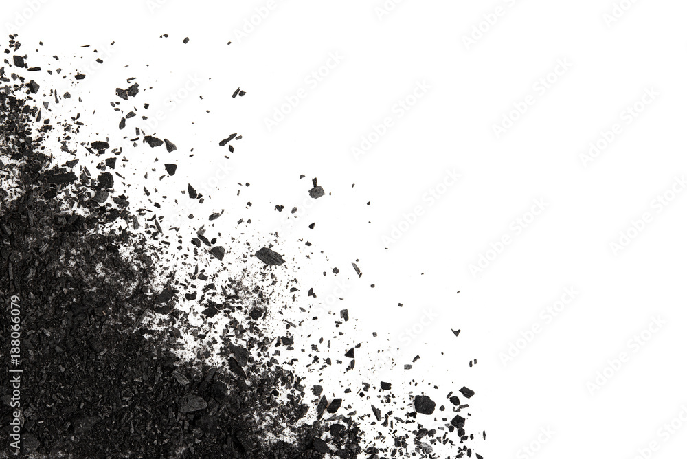 Pile of Carbon charcoal  splash isolated on white background top view