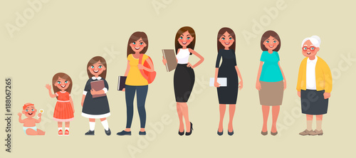 Character of a woman in different ages. A baby, a child, a teenager, an adult, an elderly person