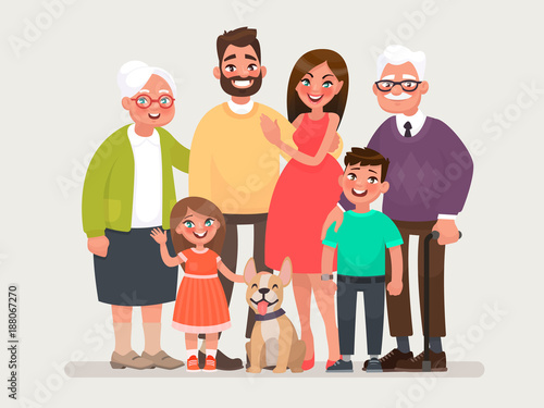 Happy family. Father, mother, grandmother, grandfather and children with a pet. Vector illustration