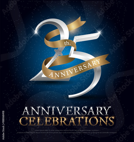 25th years anniversary celebration silver and gold logo with golden ribbon on dark blue background. vector illustrator