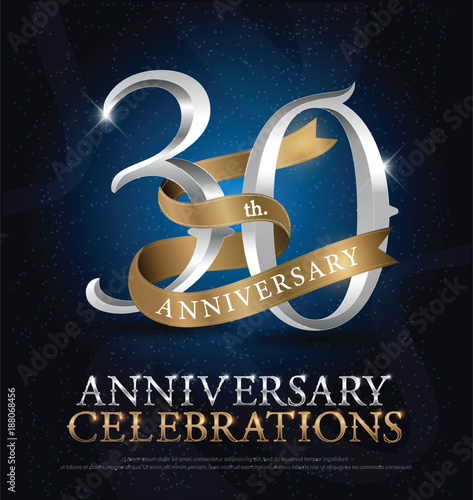 30th years anniversary celebration silver and gold logo with golden ribbon on dark blue background. vector illustrator