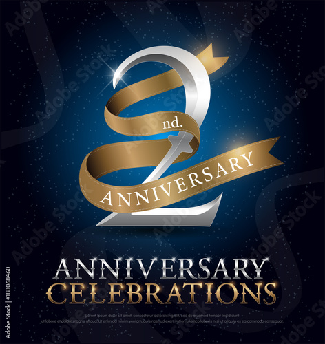 2nd years anniversary celebration silver and gold logo with golden ribbon on dark blue background. vector illustrator