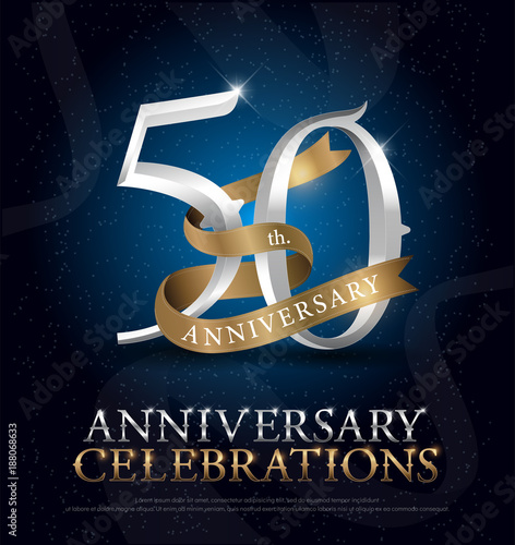 50th years anniversary celebration silver and gold logo with golden ribbon on dark blue background. vector illustrator