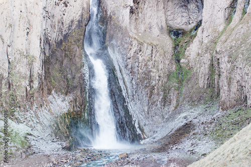 Landscape panorama caucasus mountain with autumn hills waterfall