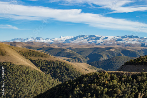 Landscape panorama caucasus mountain with autumn hills
