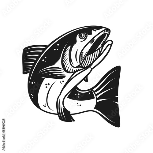 Salmon fish illustration isolated on white background. Design element for logo, label, emblem, sign.