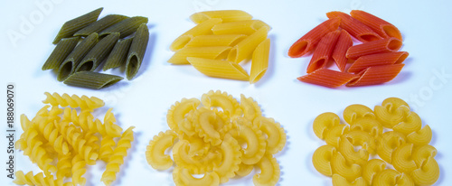 Mix of pasta on white background. Diet and food concept.