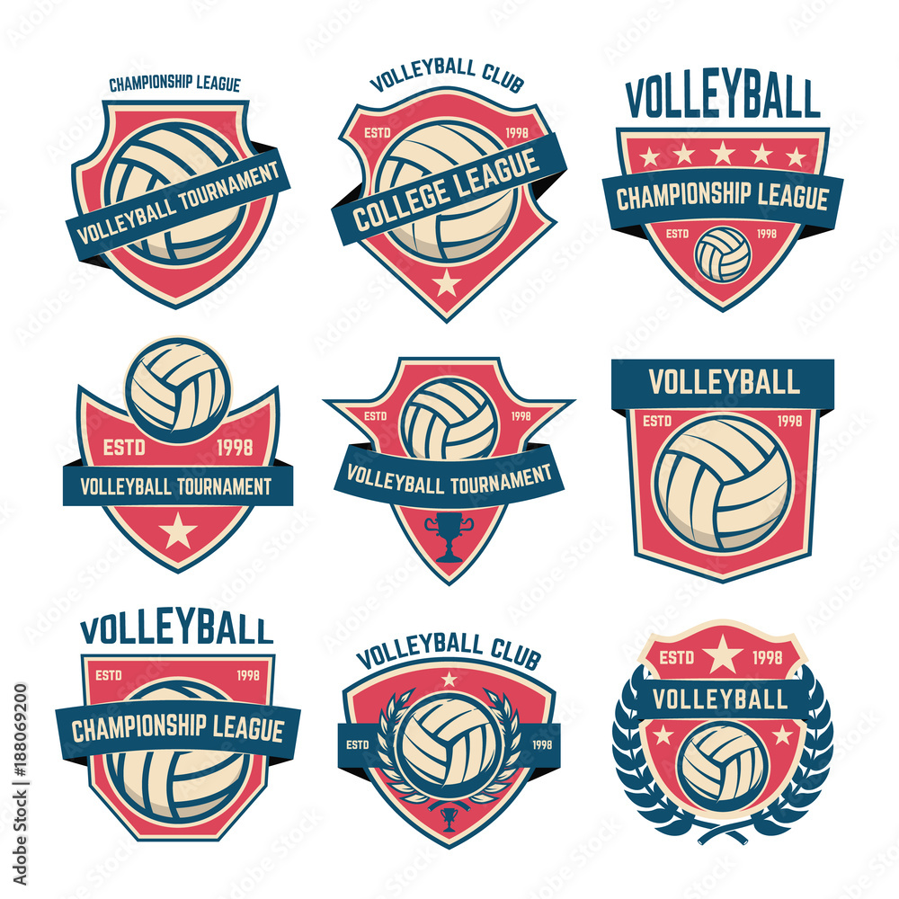 Set of volleyball club emblems. Volleyball tournament. Design element for logo, label, emblem, sign.