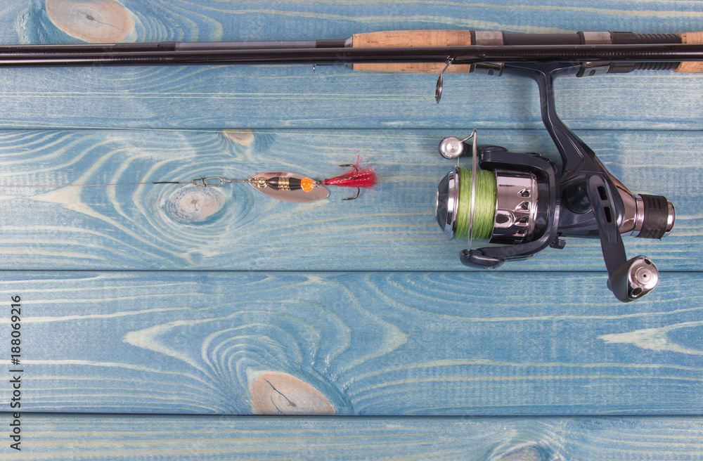 Fishing equipment. Spinning method. A place for an inscription. Fishing equipment. Spinning method. A place for an inscription.