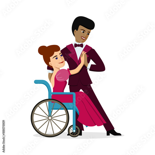 A disabled girl in wheelchair dancing with African American male partner
