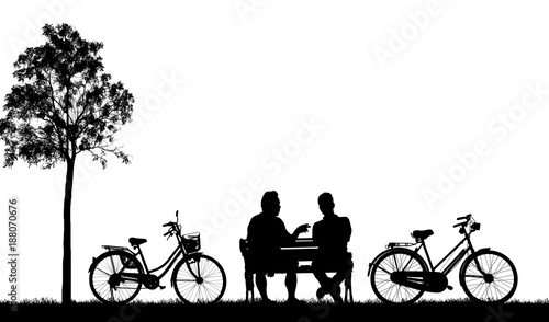 silhouette vintage bike and friend on white background