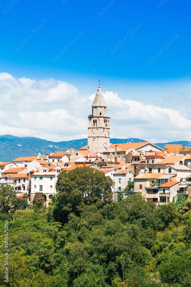 Panoramic view of the old town of Vrbnik and tower bell on the Island of Krk, Croatia 