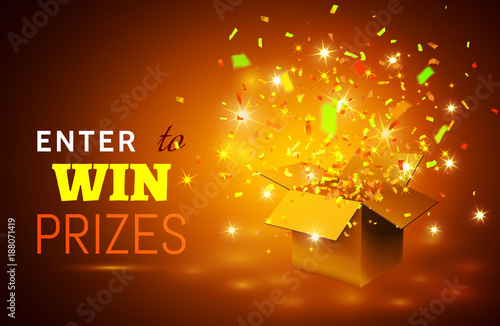 Open Gift Box and Confetti on yellow background. Enter to Win Prizes. Vector Illustration