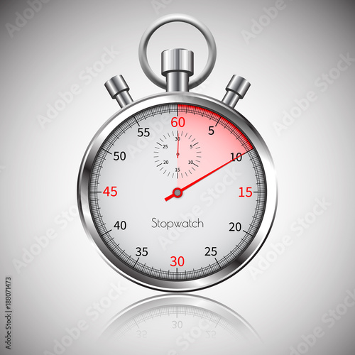 10 seconds. Silver realistic stopwatch with reflection. Vector