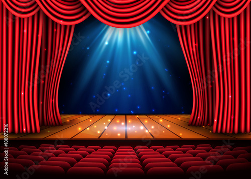 A theater stage with a red curtain and a spotlight and wooden floor. Festival Night Show poster. Vector