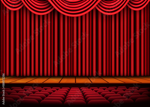 Theatrical scene with red curtains and wooden floor. Stock vector illustration