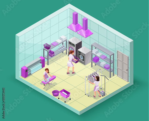 Dry cleaners or laundry service isometric 3d illustration with washing and ironing machines, laundress, baskets, detergent, vector interior of clothes cleaning shop