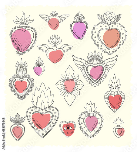 Sacred mexican heart doodle set