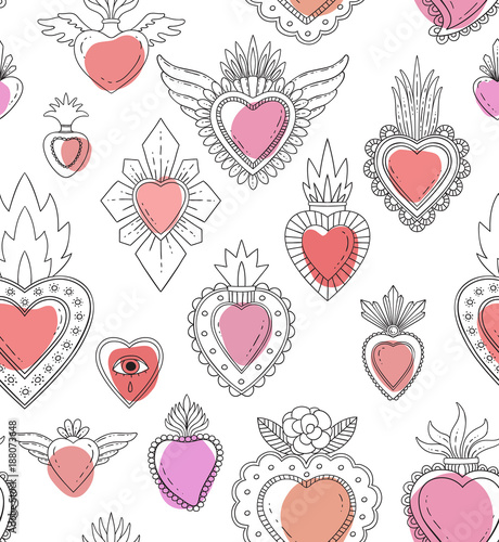 Sacred mexican heart seamless pattern