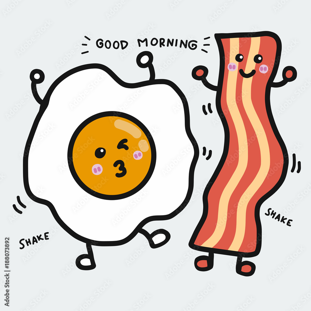 Egg and bacon dancing cartoon vector illustration doodle style Stock