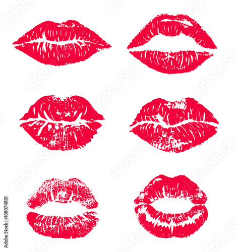 Lipstick kiss print isolated vector set. red vector lips set. Different shapes of female sexy red lips. Sexy lips makeup  kiss mouth. Female lips . Print of lips kiss vector background