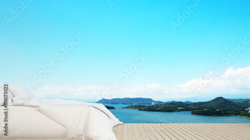Bedroom and space balcony in hotel or condominium on island and sea view -  Bedroom and sea view artwork for holiday time - Blur background - 3D Rendering