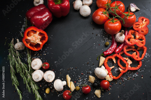 food photography. organic vegetable assortment spices mix background. healthy vegetarian lifestyle concept