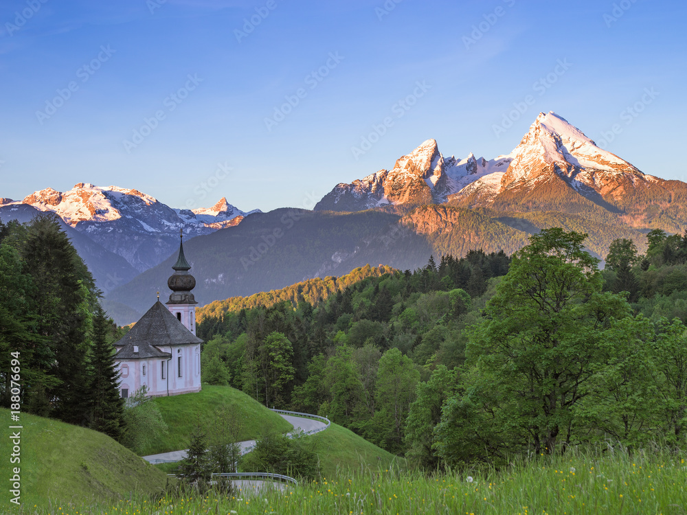 Spring serene scenery with Watzmann mount and Maria Gern church Spring serene scenery with Watzmann mount and Maria Gern church