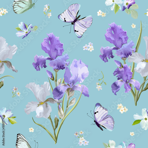 Fototapeta Naklejka Na Ścianę i Meble -  Floral Seamless Pattern with Purple Blooming Iris Flowers and Flying Butterflies. Watercolor Nature Background for Fabric, Wallpaper, Invitations. Vector illustration