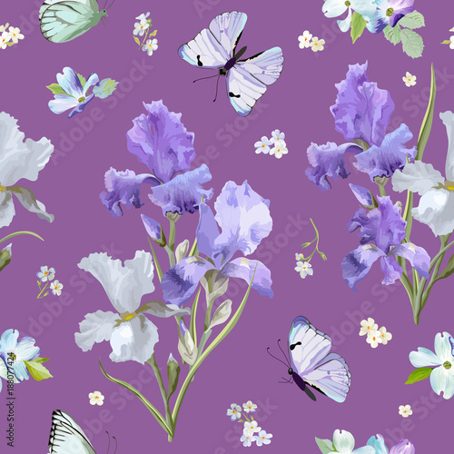 Fototapeta Naklejka Na Ścianę i Meble -  Floral Seamless Pattern with Purple Blooming Iris Flowers and Flying Butterflies. Watercolor Nature Background for Fabric, Wallpaper, Invitations. Vector illustration