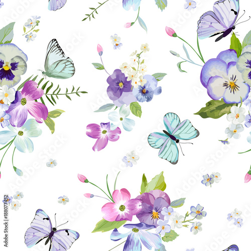 Floral Seamless Pattern with Blooming Flowers and Flying Butterflies. Watercolor Nature Background for Fabric, Wallpaper, Invitations. Vector illustration