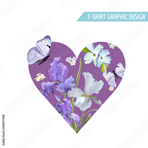 Fototapeta Naklejka Na Ścianę i Meble -  Romantic Love Heart Shape T-shirt Design with Blooming Iris Flowers and Butterflies. Floral Postcard Invitation Fabric Background. Vector illustration