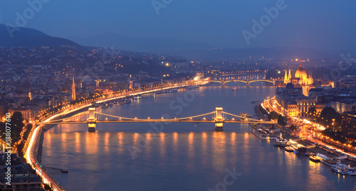 Danube river and Szechenyi bridge at Budapest night view
