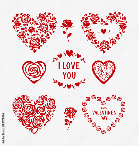 Set of decorative floral hearts for wedding design. Valentine's Day hearts and floral love elements. Vector illustration