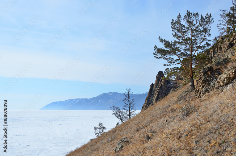 Russia. Lake Baikal, Primorsky ridge in the area between the cape Bolshoy Kadilny and the village of Bolshie Koty during winter