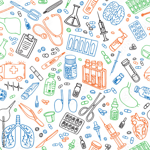 Medical doodles seamless vector pattern