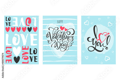Happy Valentines Day celebration greeting card set. Unique brushpen lettering. Vector illustration with isolated elements