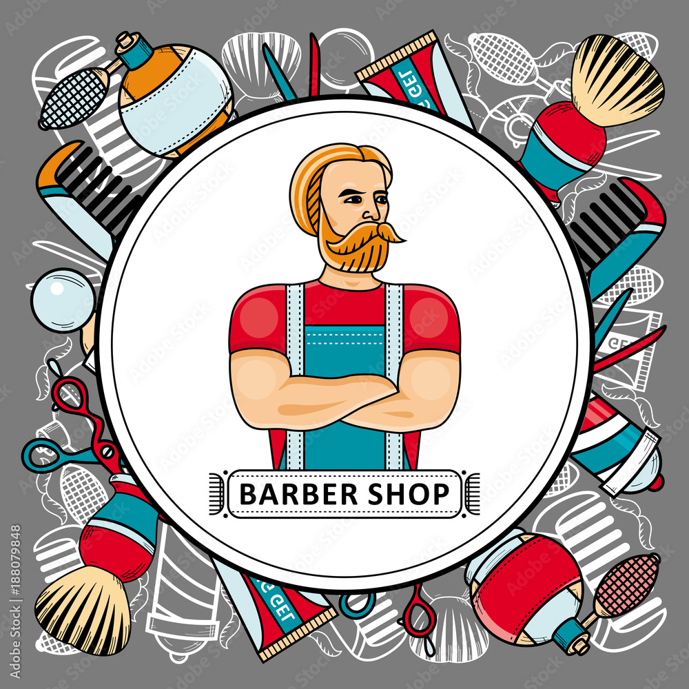 vector flat barber shop poster with brutal hipster man with beard, shaving  accesorries icons scissors, comb, shaving brush, barber pole, hairdresser  sprayer gel. Isolated illustration white background Stock Vector