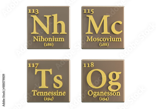 New chemical elements Nihonium, Moscovium, Tennessine and Oganesson, recently added to the periodic table, 3D illustration