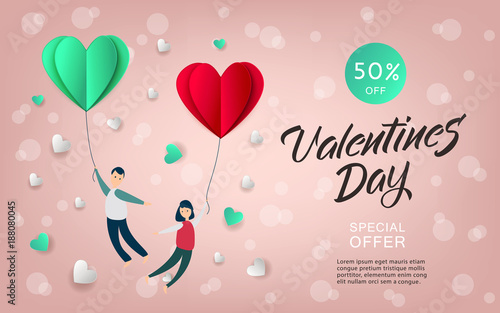 Vector happy valentines day illustration, invitation card, sale poster, party banner template - man and girl couple flying at paper origami hearts - air balloons at pink background.