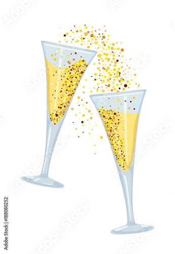 Icon of glasses with champagne and sparkles. Vector illustration