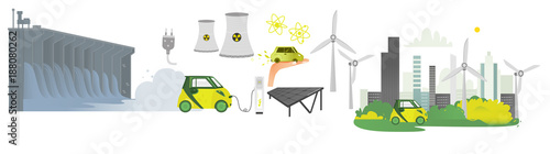 vector flat renewable, alternative energy icon set. Hydroelectric dam, solar panel, nuclear reactor, windmill, power plants, power plug with wire, electric car charging, modern green city isolated.