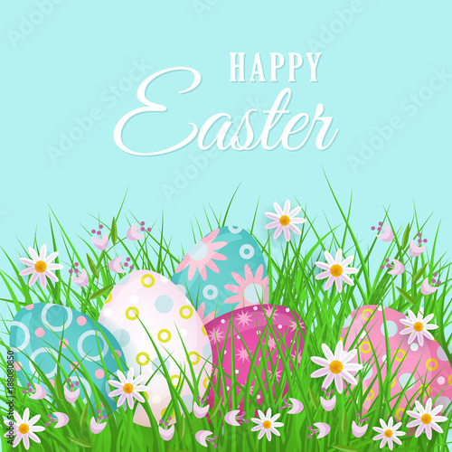 Happy Easter greeting card, postcard, banner design with text and painted legs eggs, grass and spring flowers, vector illustration. Happy Easter postcard, greeting card, banner with eggs and flowers