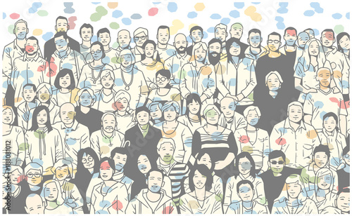 Illustration of group of people smiling and posing for a photograph in colorful festive atmosphere