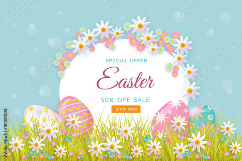 vector easter holiday poster, banner background template with spring festive elements - decorated eggs at green grass meadow, daisy flowers for your design. Illustration on green background.