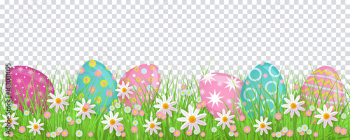 Painted egg lying in spring grass and flowers, Easter decoration border, flat vector illustration isolated on transparent background. Easter decoration element with painted eggs and spring flowers