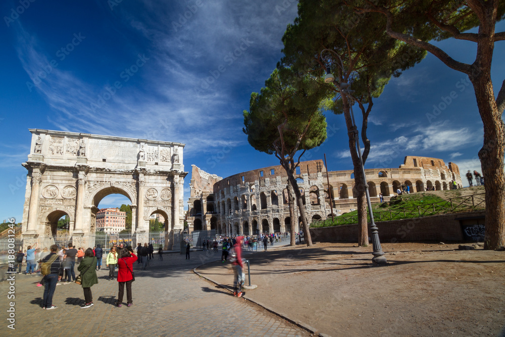 Panoramic view of Constantine Arch and Colosseum in Rome, Italy
