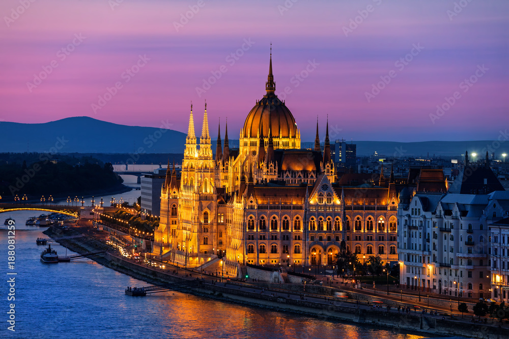 Hungarian Parliament at Twilight in Budapest City