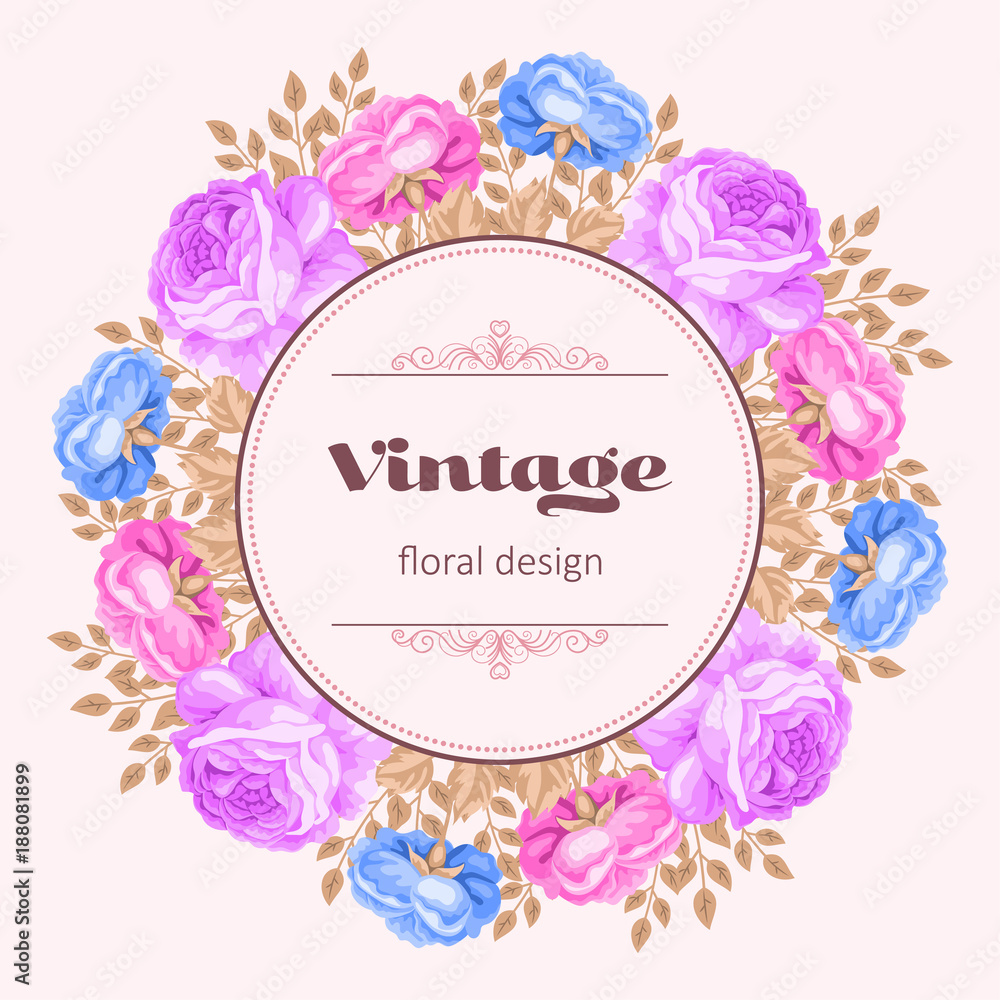Greeting card or invitation template with roses. Vector Illustration in retro style.