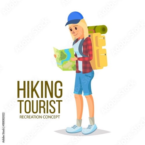 Hiking Girl Vector. Leading Healthy Lifestyle. Downshifting. Flat Cartoon Illustration